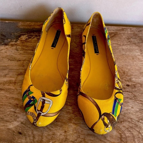 RALPH LAUREN COLLECTION Purple Label Yellow Equestrian Horse Bit Flats 9.5 ITALY - Picture 1 of 8